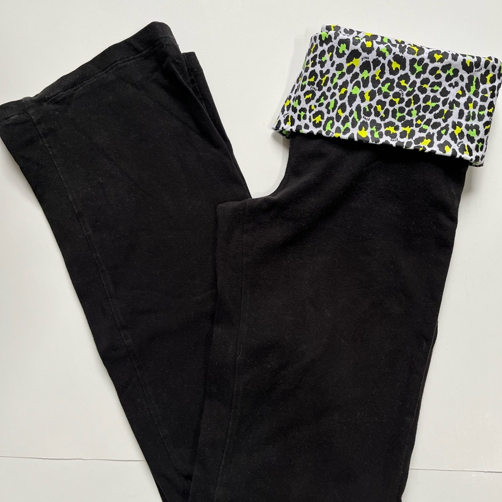PINK - Black Yoga Leggings with Fold over Leopard waistband w/sequins  sz S - Picture 2 of 4